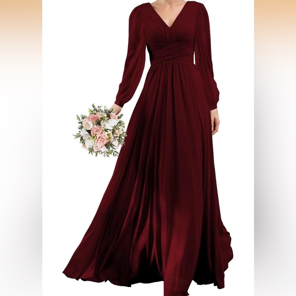 YOFF V-Neck Long Sleeves Bridesmaid Dress- Burgundy